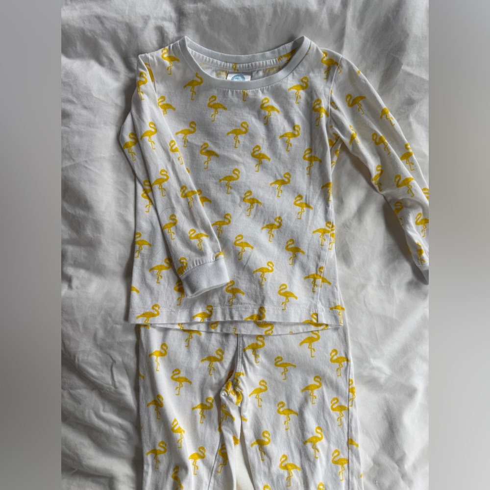 Kids Flamingo Print Sant and Abel Organic Cotton Pajamas - White and Yellow